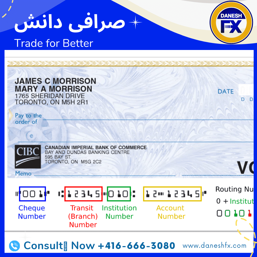 نمونه چک کانادایی و تشخیص روتینگ نامبر و شماره حساب از این طریق